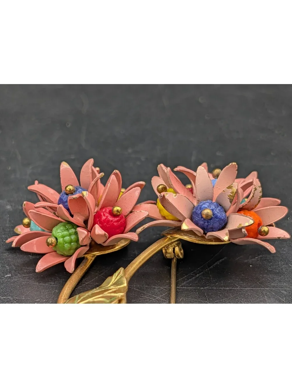 Vintage 1950s Pink Enamel Flower Brooch Hand Wired Molded Glass Bead Cluster